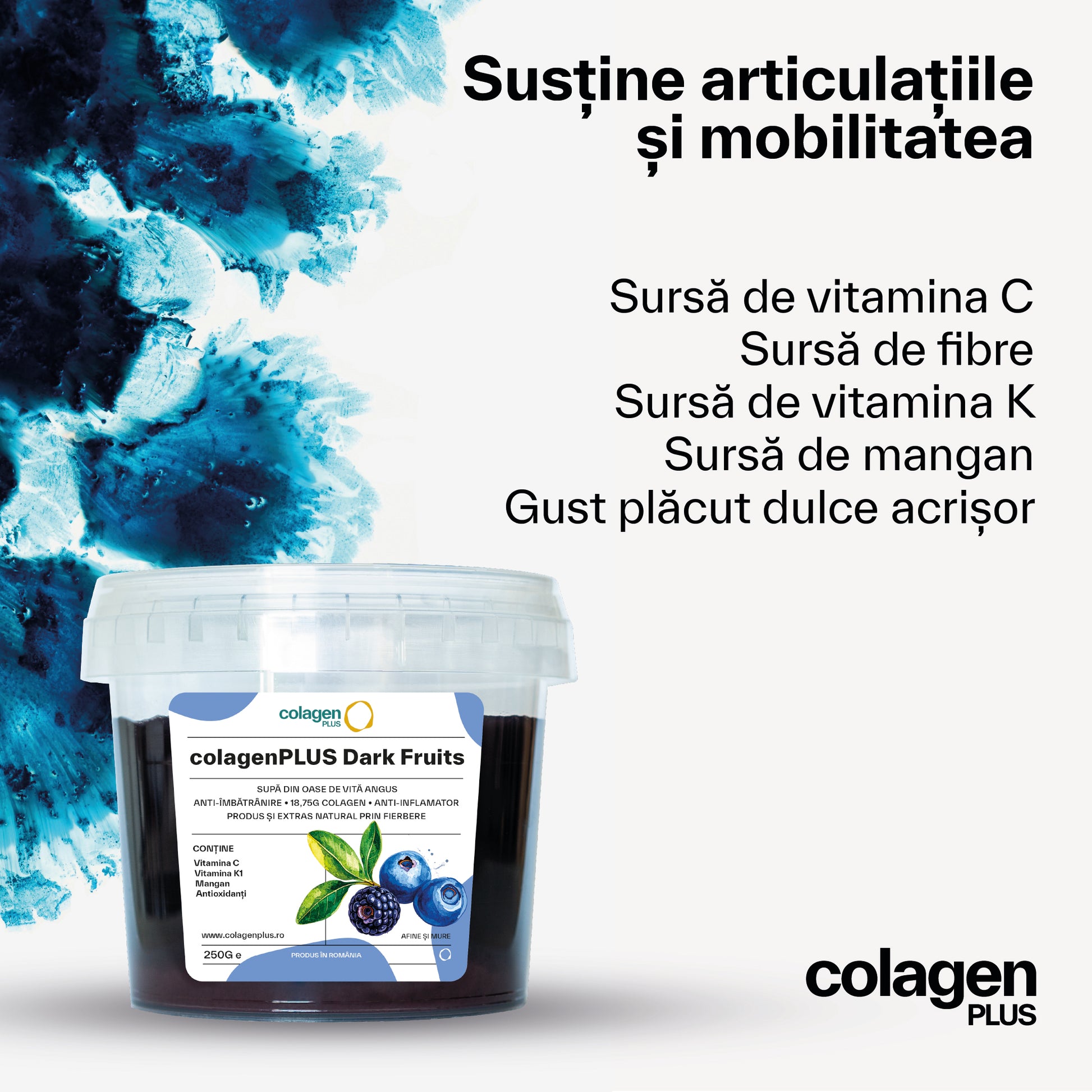 Colagen Bioactiv 100% Natural, 18.750mg, Fără Aditivi, cu Afine și Mure de Pădure din Supǎ de Oase Angus pentru Articulații & Ten · colagenPLUS  colagenPLUS.
