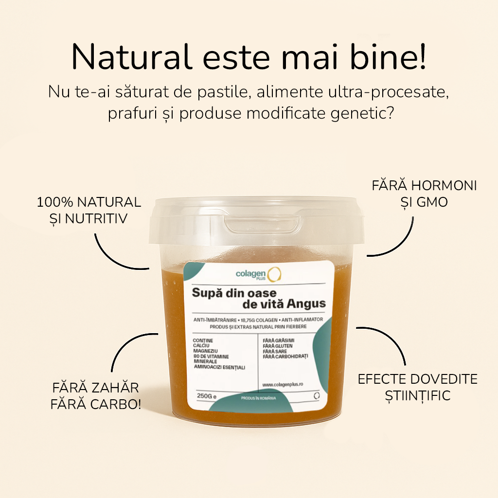 ColagenPlus – colagen natural din oase de vită Pur, concentrat, păstrat în cutie premium. Sprijină sănătatea articulațiilor, elasticitatea pielii și vitalitatea zilnică.