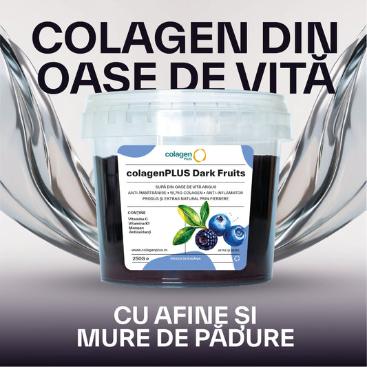 Cutie ColagenPlus – colagen 100% natural din oase de vită, îmbogățit cu aromă naturală de afine și mure. Supliment premium fără aditivi, conceput pentru sănătatea articulațiilor, elasticitatea pielii și un plus de energie, cu gust plăcut și natural.