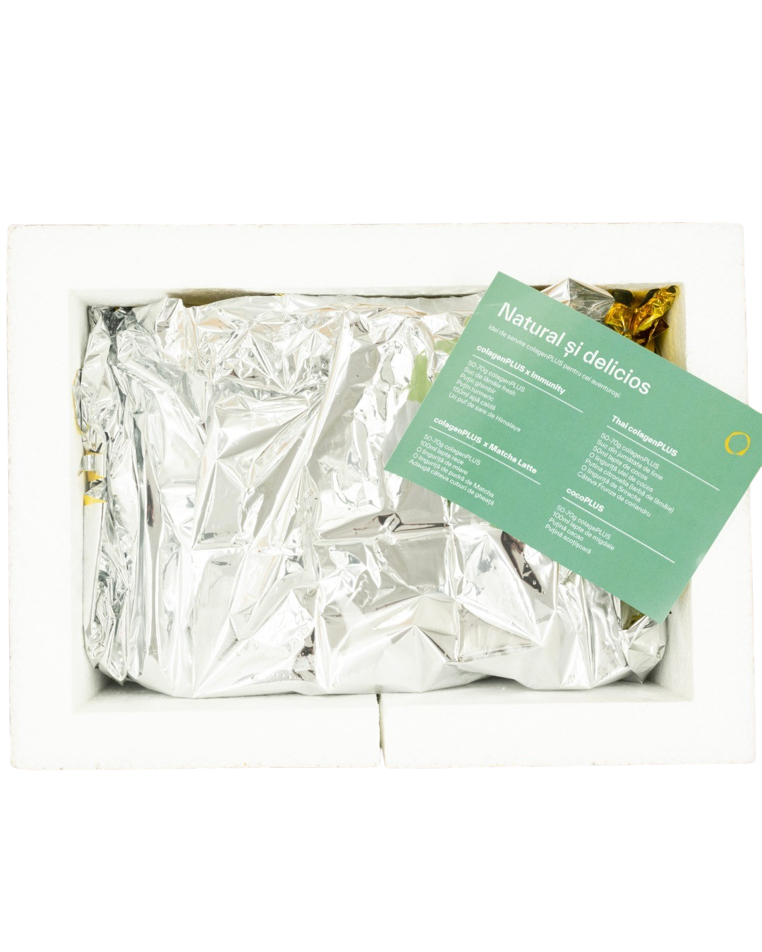ColagenPlus – colagen 100% natural din oase de vită, ambalat în cutie termo premium pentru protecția produsului și păstrarea calității.