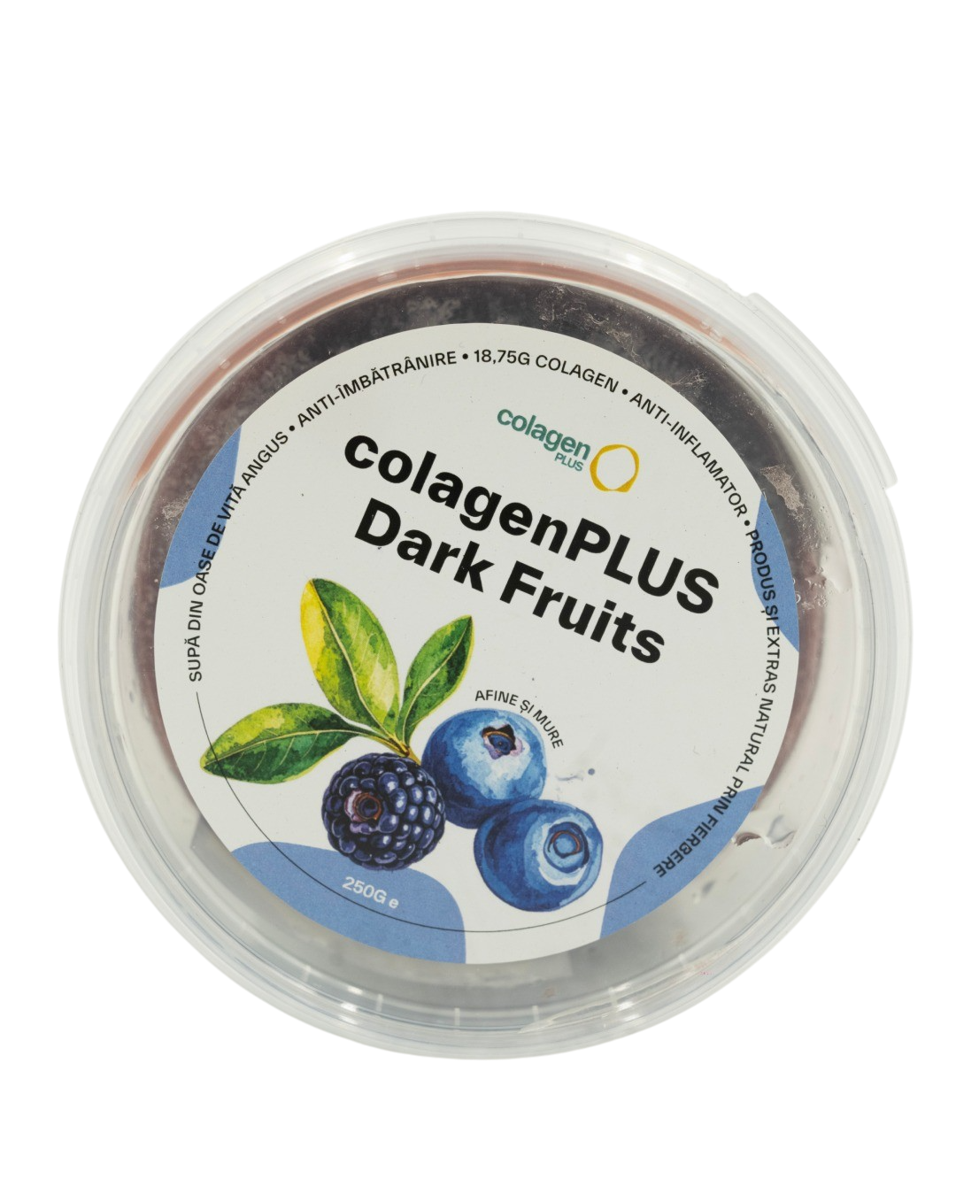 Cutie ColagenPlus – colagen 100% natural din oase de vită, îmbogățit cu aromă naturală de afine și mure. Supliment premium fără aditivi, conceput pentru sănătatea articulațiilor, elasticitatea pielii și un plus de energie, cu gust plăcut și natural.