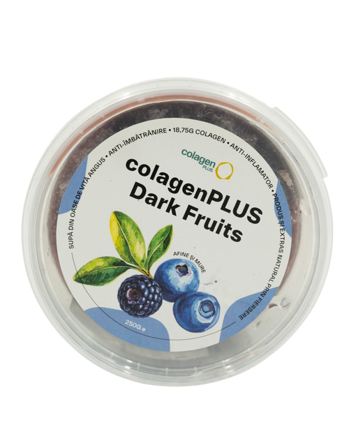 Cutie ColagenPlus – colagen 100% natural din oase de vită, îmbogățit cu aromă naturală de afine și mure. Supliment premium fără aditivi, conceput pentru sănătatea articulațiilor, elasticitatea pielii și un plus de energie, cu gust plăcut și natural.