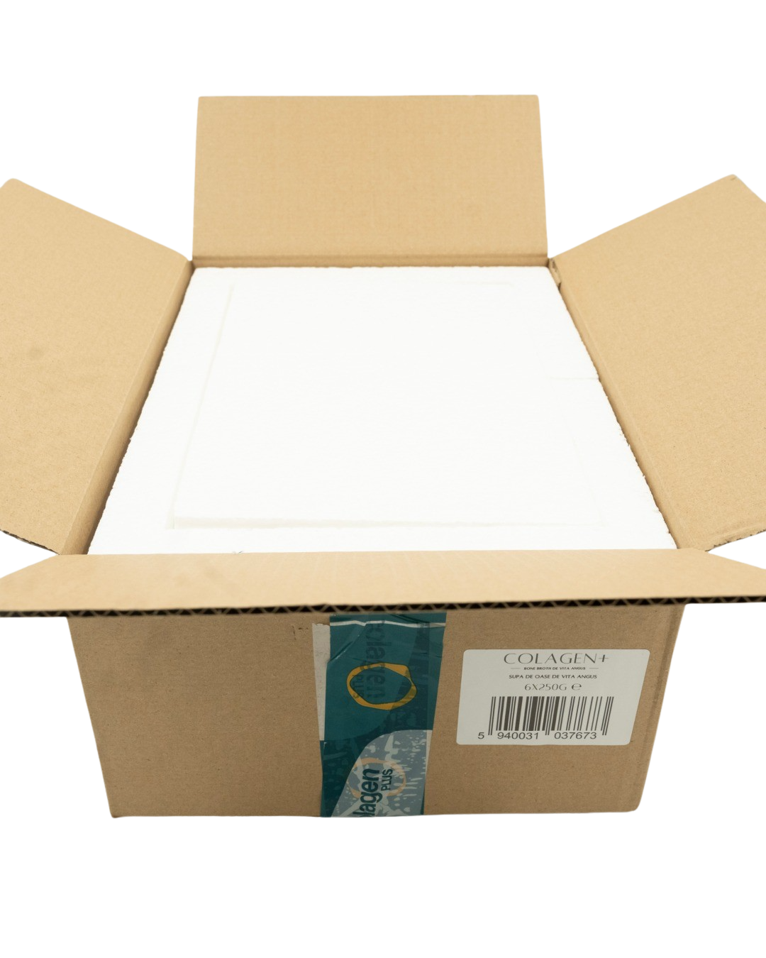 ColagenPlus – colagen 100% natural din oase de vită, ambalat în cutie termo premium pentru protecția produsului și păstrarea calității.