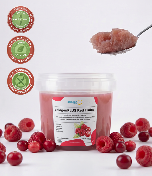 Colagen 100% Natural, 18.750mg, Biodisponibil, Fără Aditivi, cu Zmeură și Merișoare, Obținut din Supǎ de Oase Angus · colagenPLUS Red Fruits