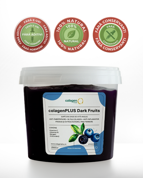 Colagen 100% Natural, 18.750mg, Biodisponibil, Fără Aditivi, cu Afine și Mure de Pădure din Supǎ de Oase Angus · colagenPLUS