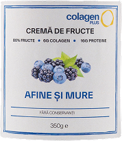 Eticheta cremei de fructe afine și mure: 80% fructe, 6 g colagen, 16 g proteine, 350 g
