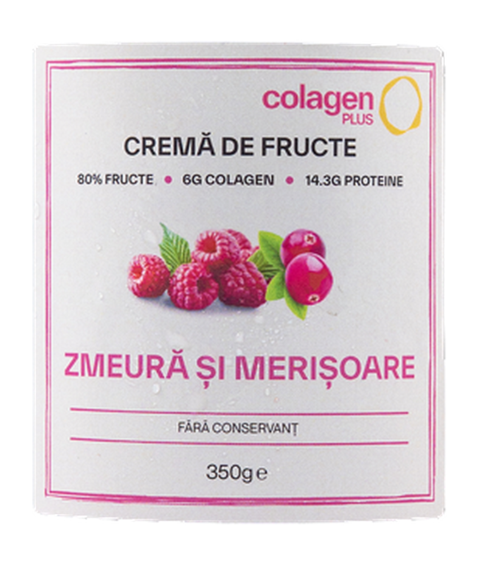 Eticheta cremei de fructe zmeură și merișoare: 80% fructe, 6 g colagen, 14,3 g proteine, 350 g